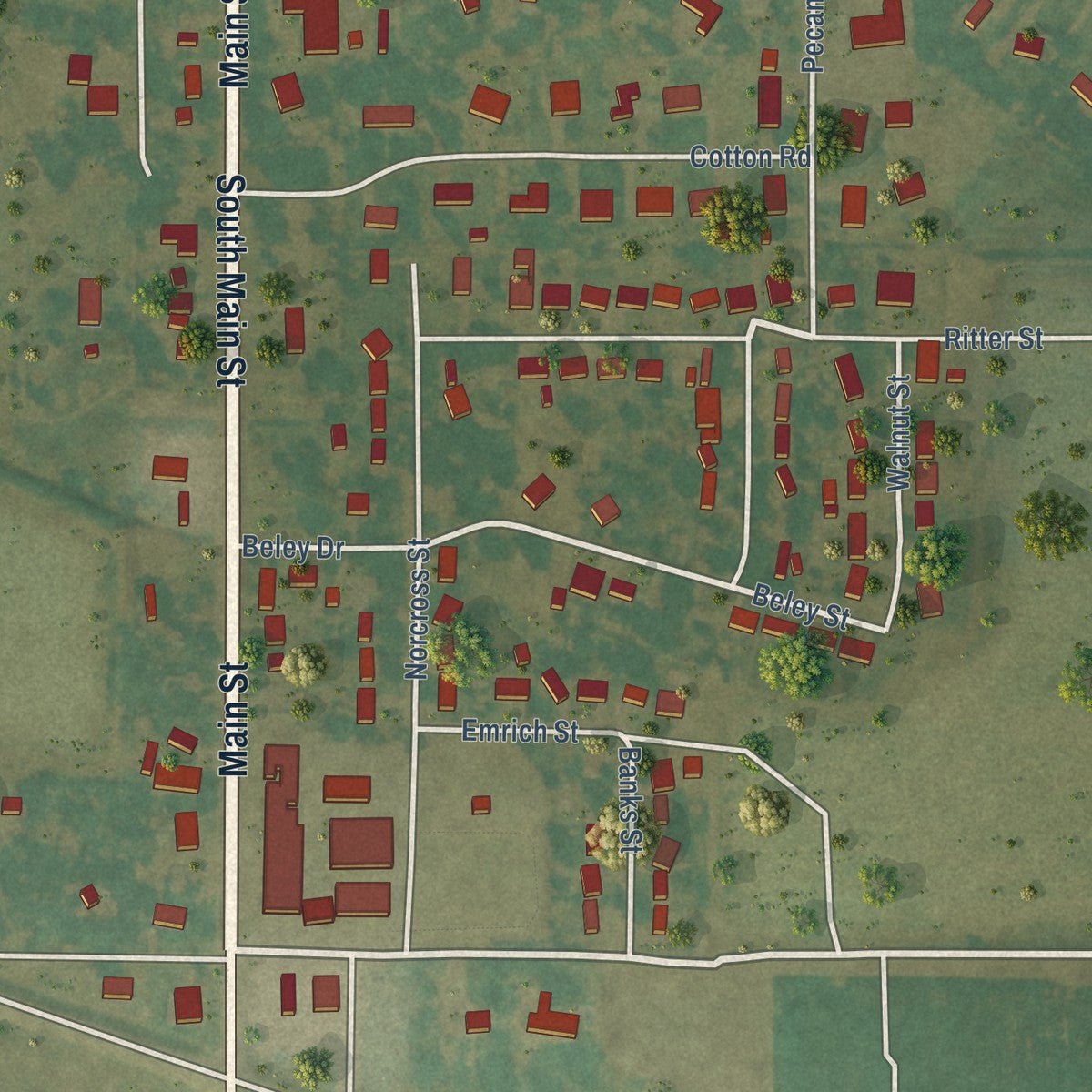 Close-up of the map of Tyronza, Arkansas print showing street and building detail
