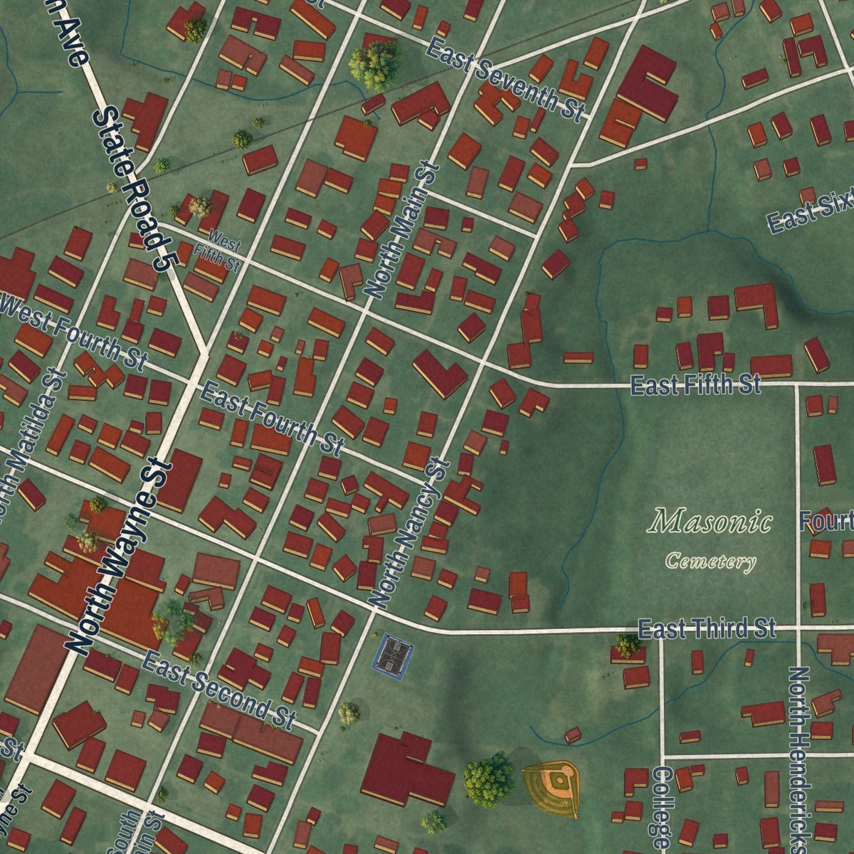 Close-up of the map of Warren, Indiana print showing street and building detail