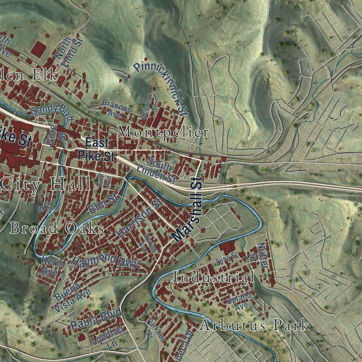 Close-up of the map of Clarksburg, West Virginia print showing street and building detail