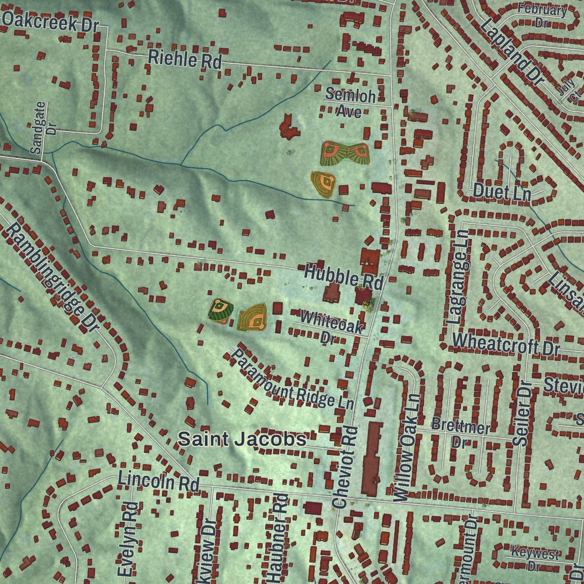 Close-up of the map of White Oak, Ohio print showing street and building detail