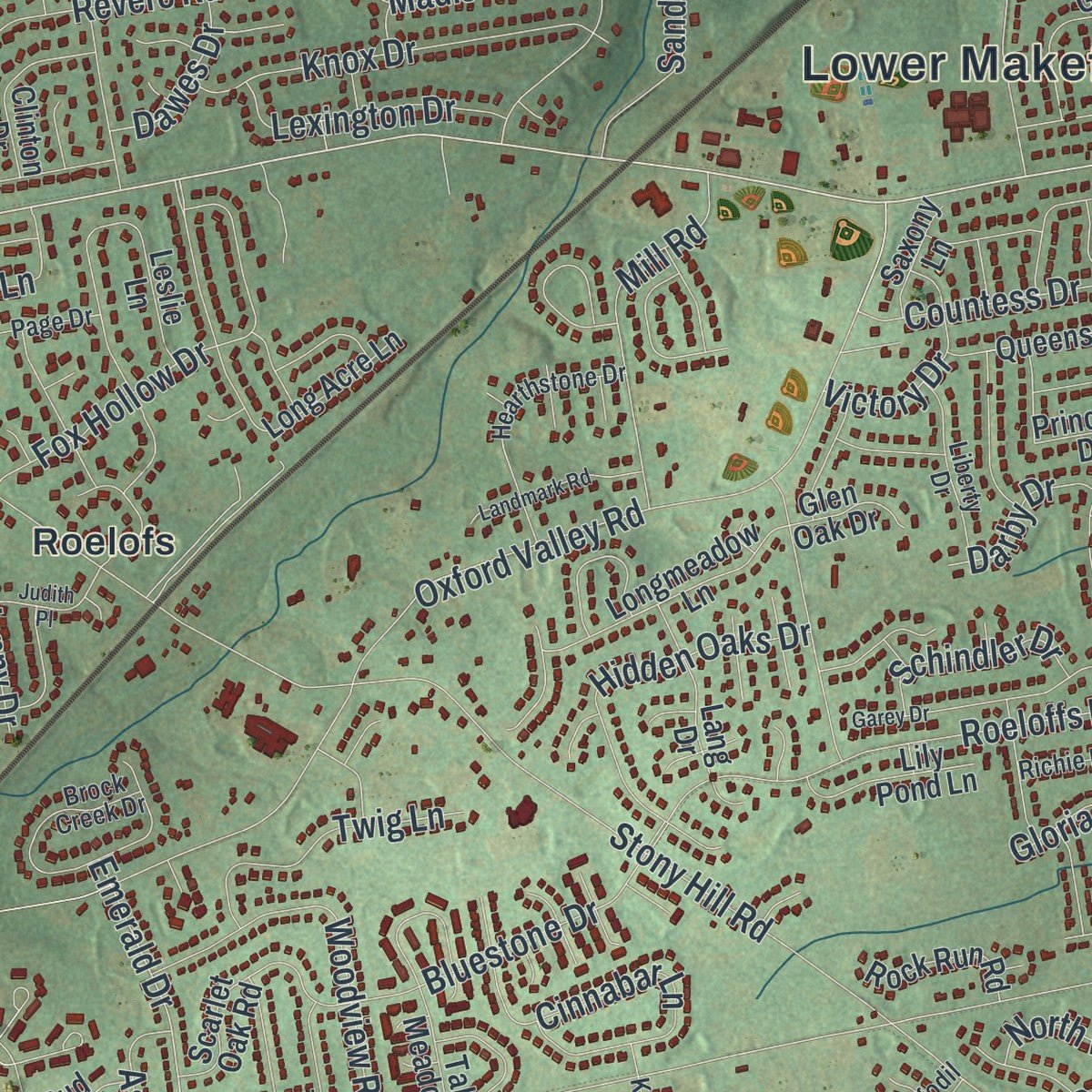 Close-up of the map of Lower Makefield, Pennsylvania print showing street and building detail