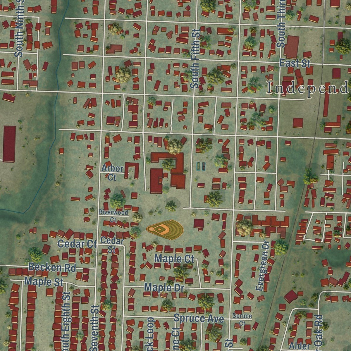 Close-up of the map of Independence, Oregon print showing street and building detail