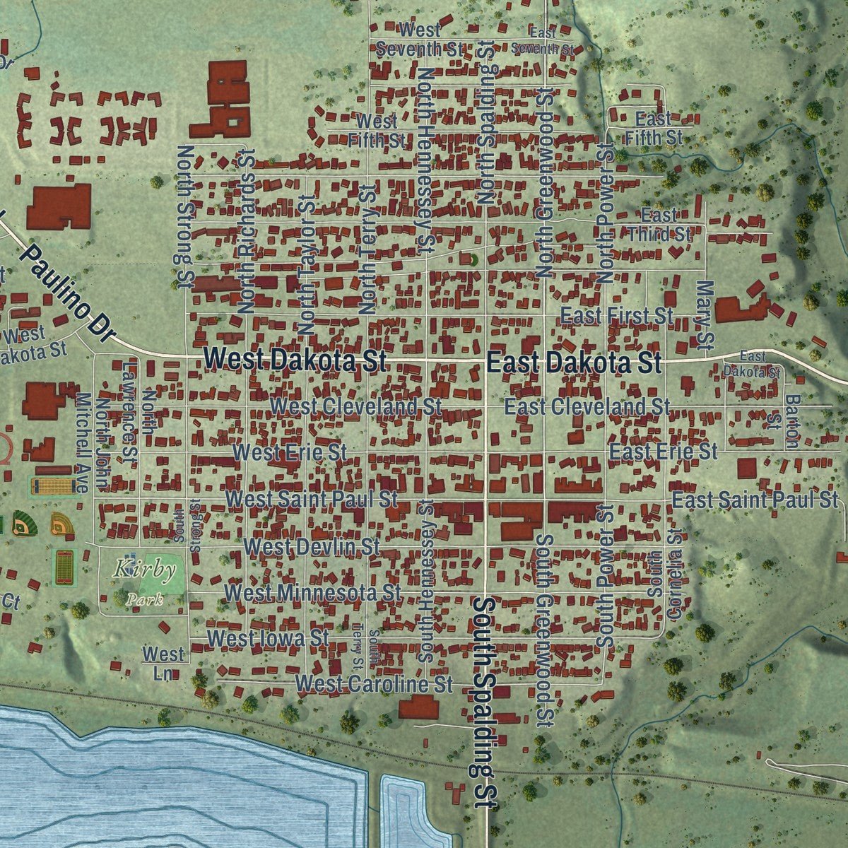 Close-up of the map of Spring Valley, Illinois print showing street and building detail