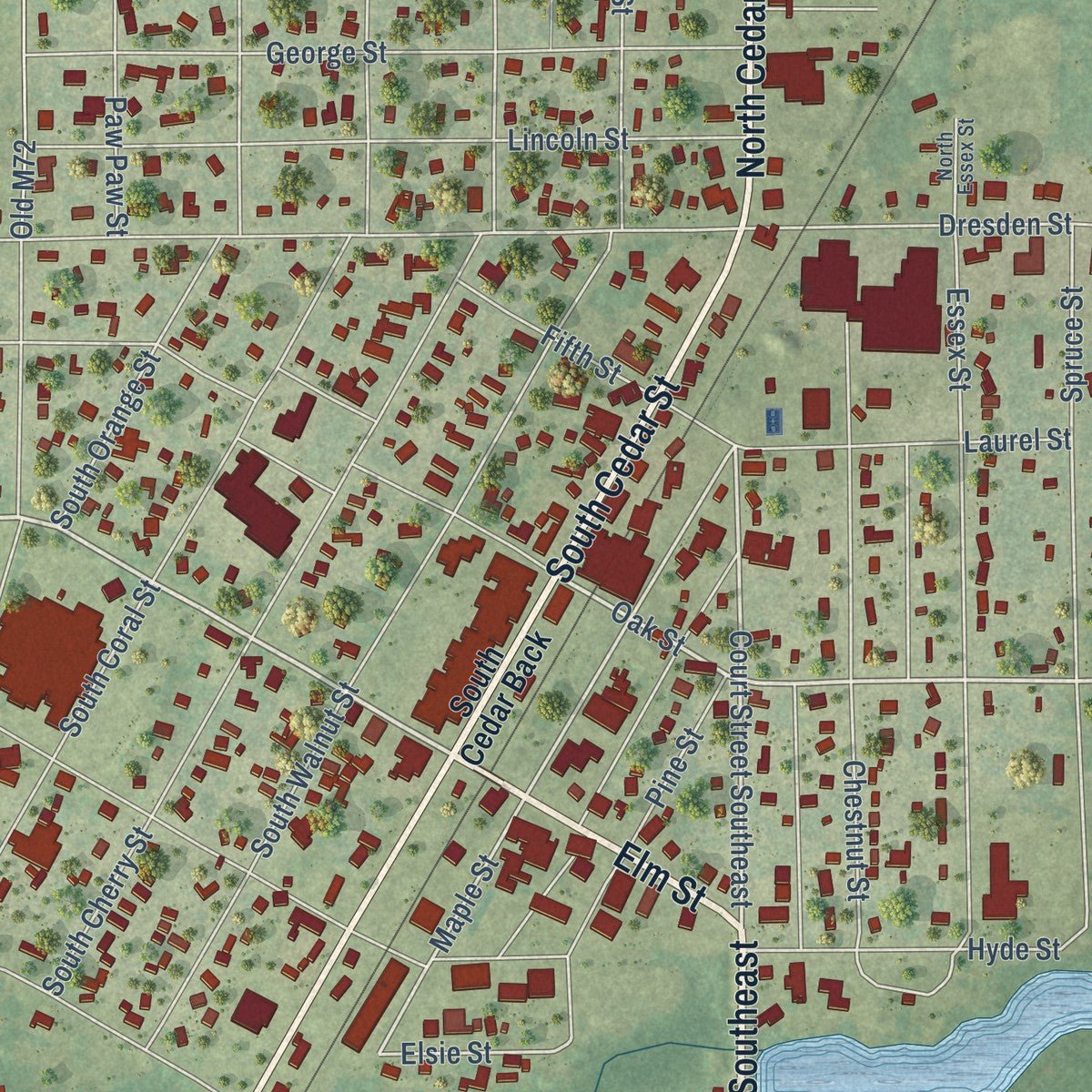 Close-up of the map of Kalkaska, Michigan print showing street and building detail