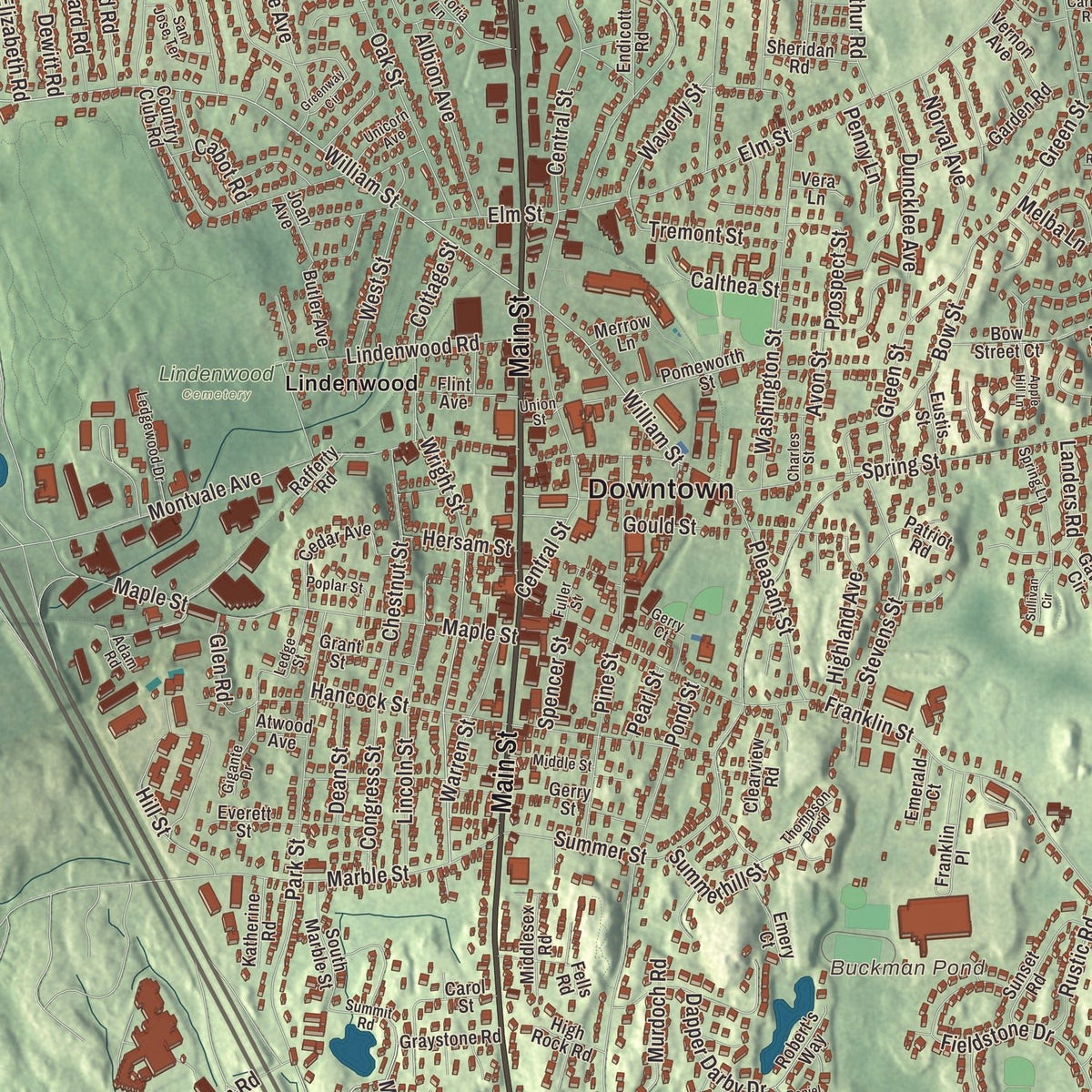Close-up of the map of Stoneham, Massachusetts print showing streets and neighborhoods