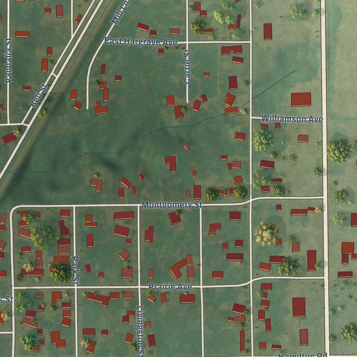 Close-up of the map of Taylor Springs, Illinois print showing street and building detail