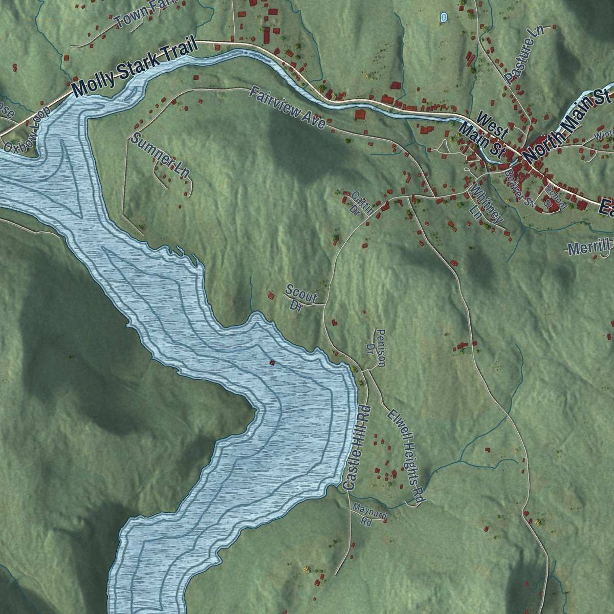 Close-up of the map of Wilmington, Vermont print showing street and building detail