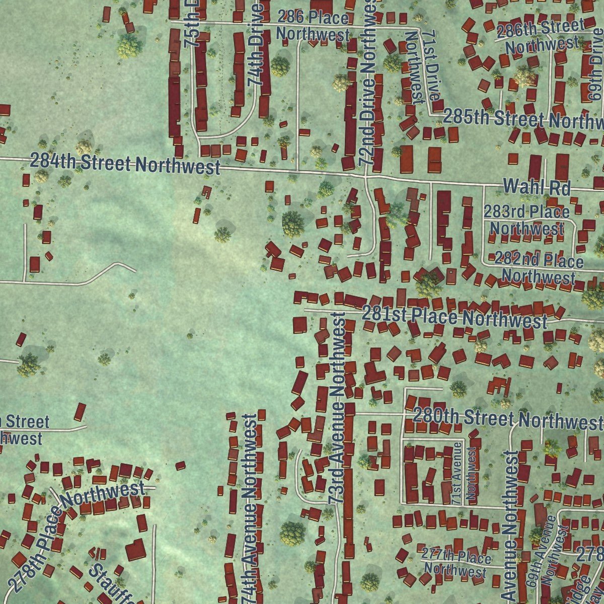 Close-up of the map of Stanwood, Washington print showing street and building detail