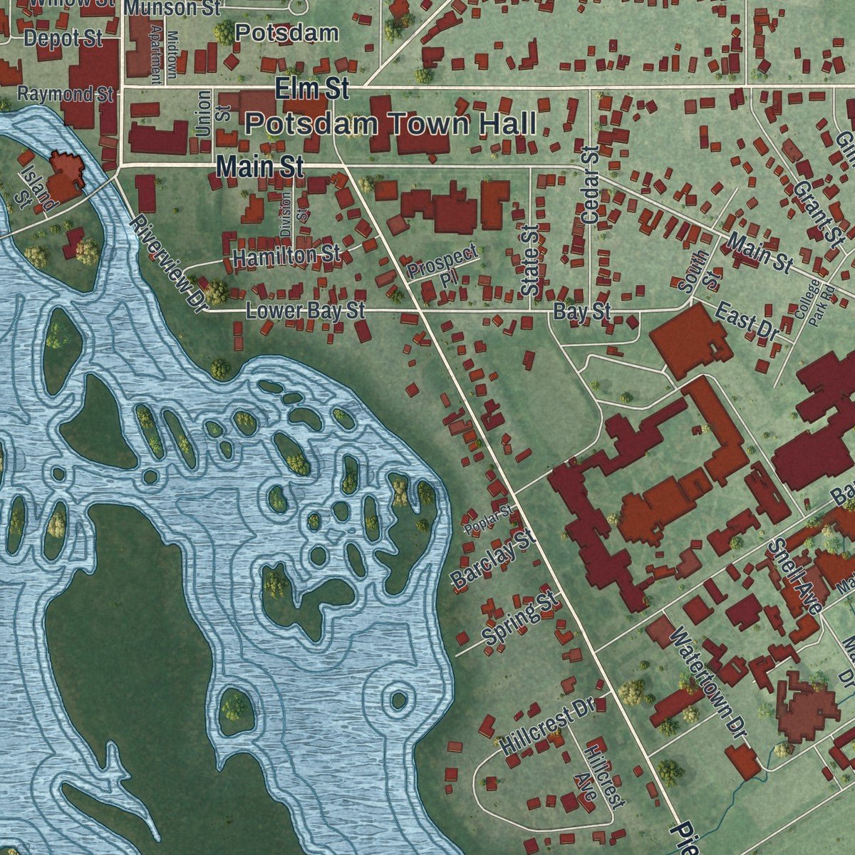Close-up of the map of the Village of Potsdam, New York print showing street and building detail