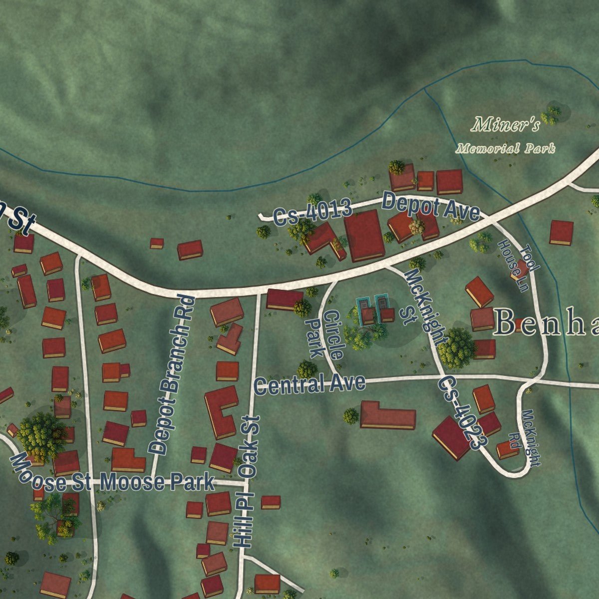 Close-up of the map of Benham, Kentucky print showing street and building detail