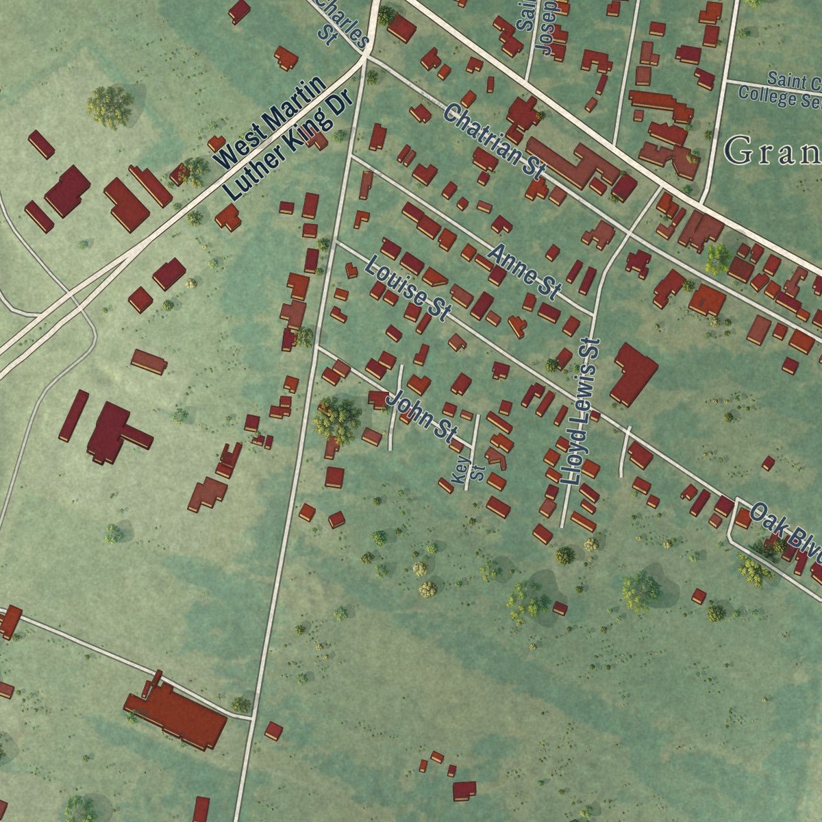 Close-up of the map of Grand Coteau, Louisiana print showing street and building detail