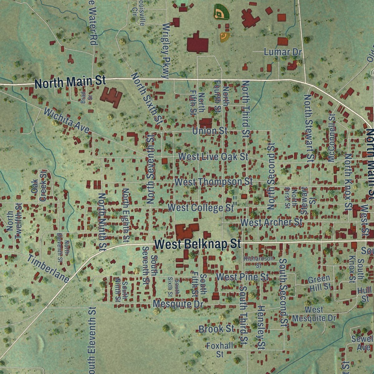 Close-up of the map of Jacksboro, Texas print showing street and building detail