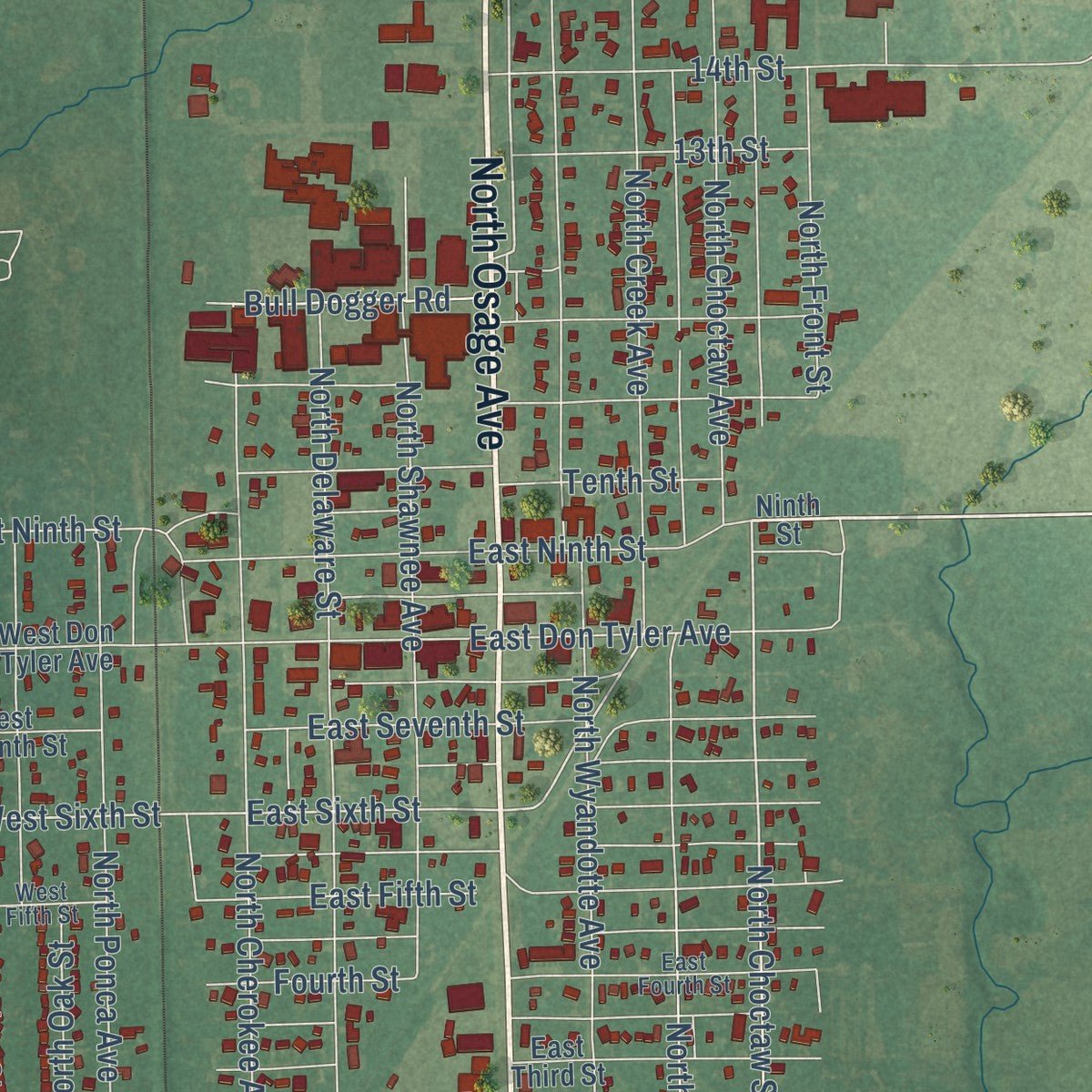 Close-up of the map of Dewey, Oklahoma print showing street and building detail