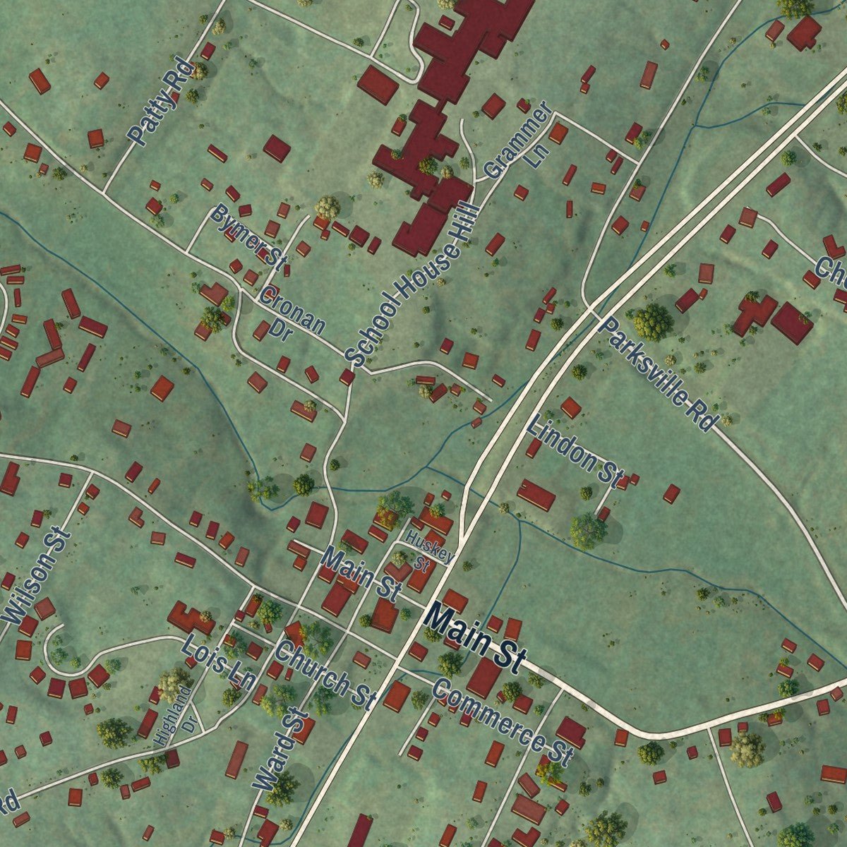 Close-up of the map of Benton, Tennessee print showing street and building detail