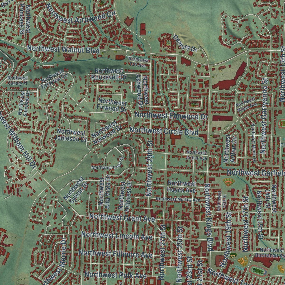 Close-up of the map of Corvallis, Oregon print showing street and building detail