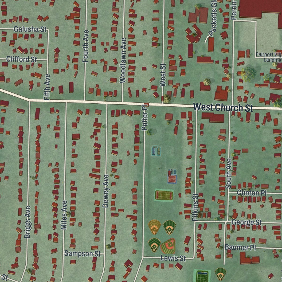 Close-up of the map of Fairport, New York print showing street and building detail