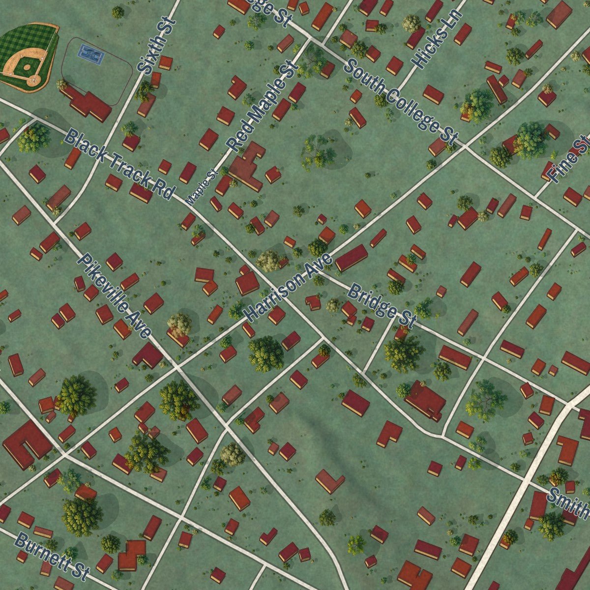 Close-up of the map of Graysville, Tennessee print showing street and building detail