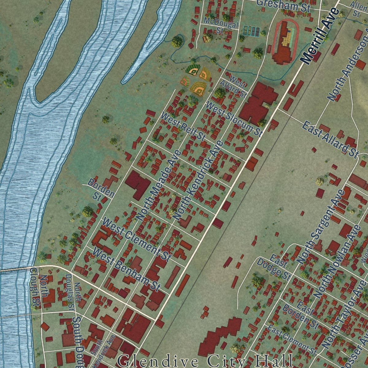 Close-up of the map of Glendive, Montana print showing street and building detail