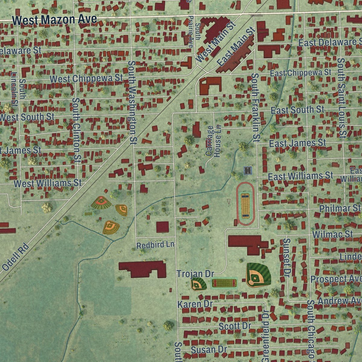 Close-up of the map of Dwight, Illinois print showing street and building detail
