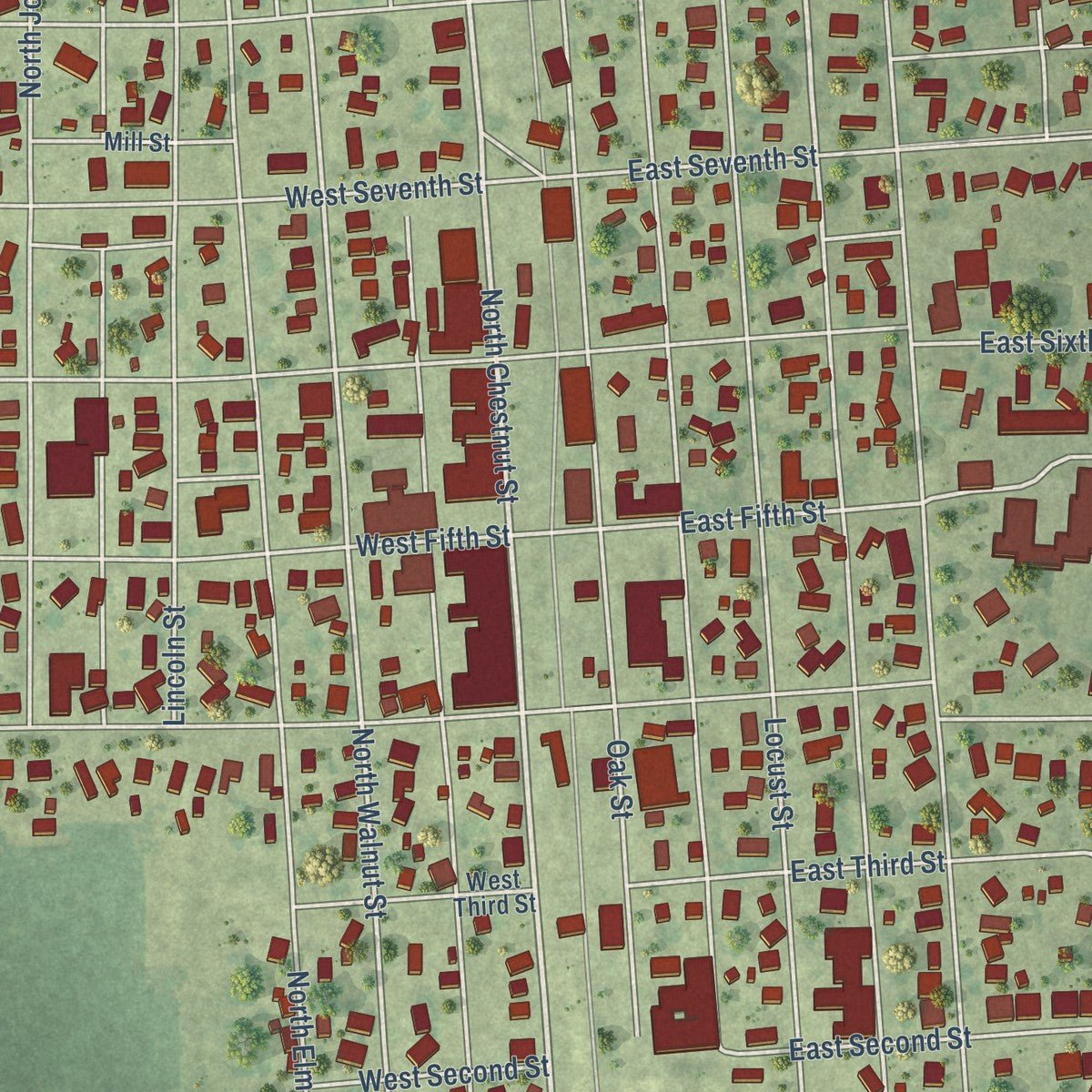Close-up of the map of Minonk, Illinois print showing street and building detail