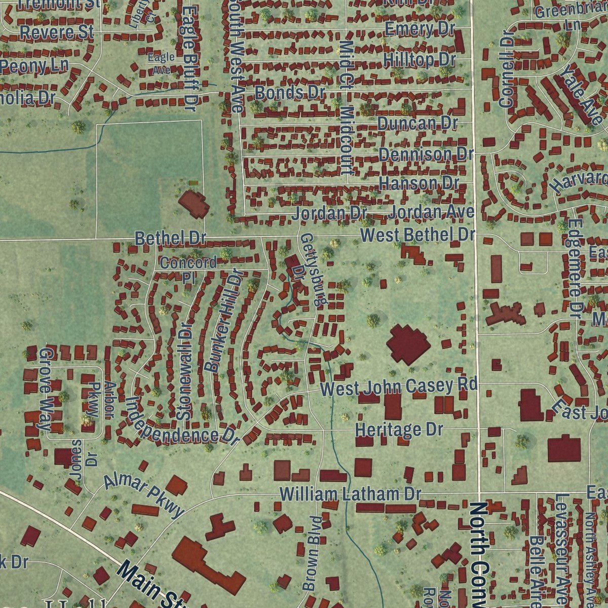 Close-up of the map of Bourbonnais, Illinois print showing street and building detail