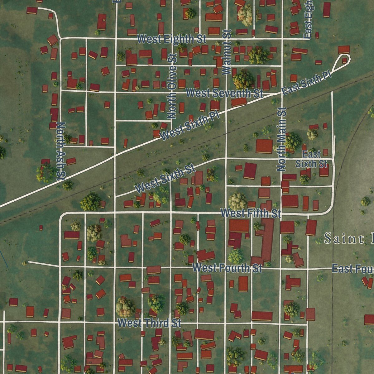 Close-up of the map of St. Elmo, Illinois print showing street and building detail
