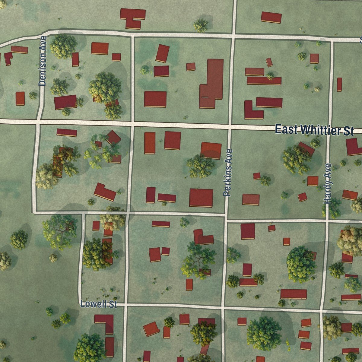 Close-up of the map of Madrid, Nebraska print showing street and building detail