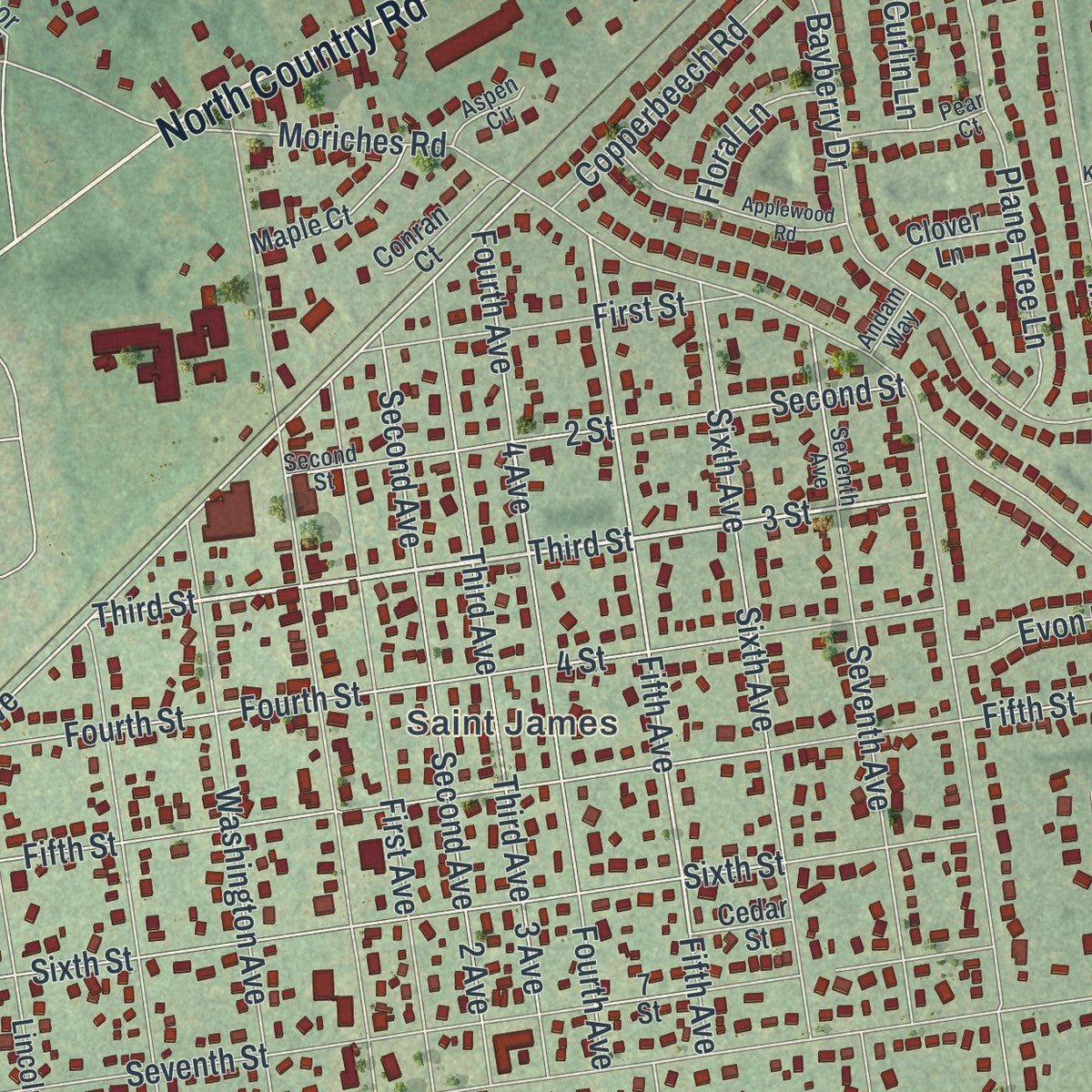 Close-up of the map of St. James, New York print showing street and building detail