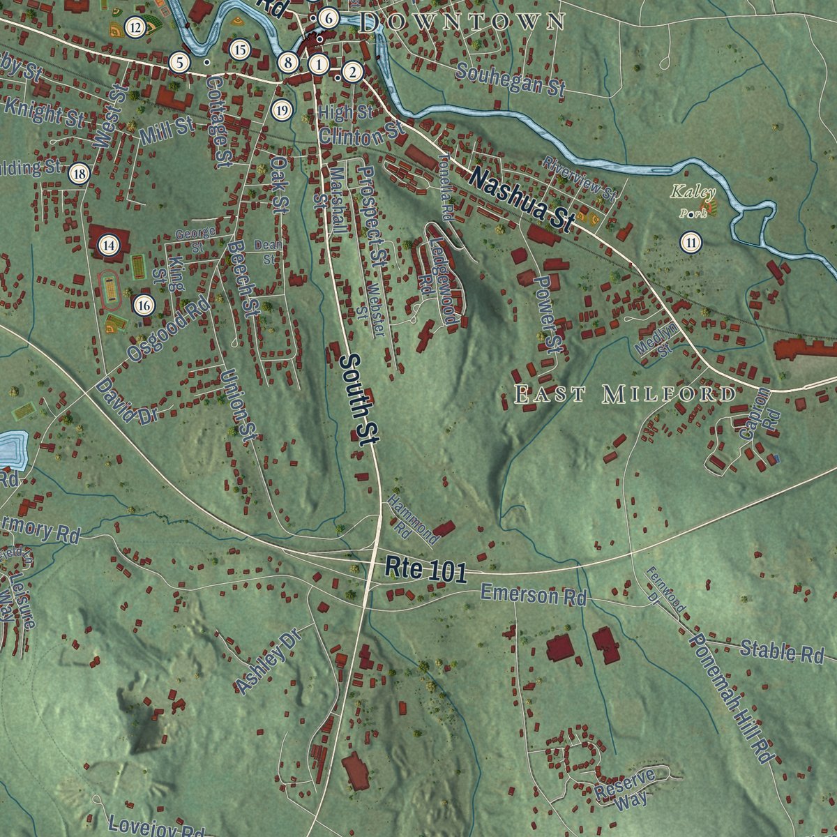 Close-up of the map of Milford, New Hampshire print showing street and building detail