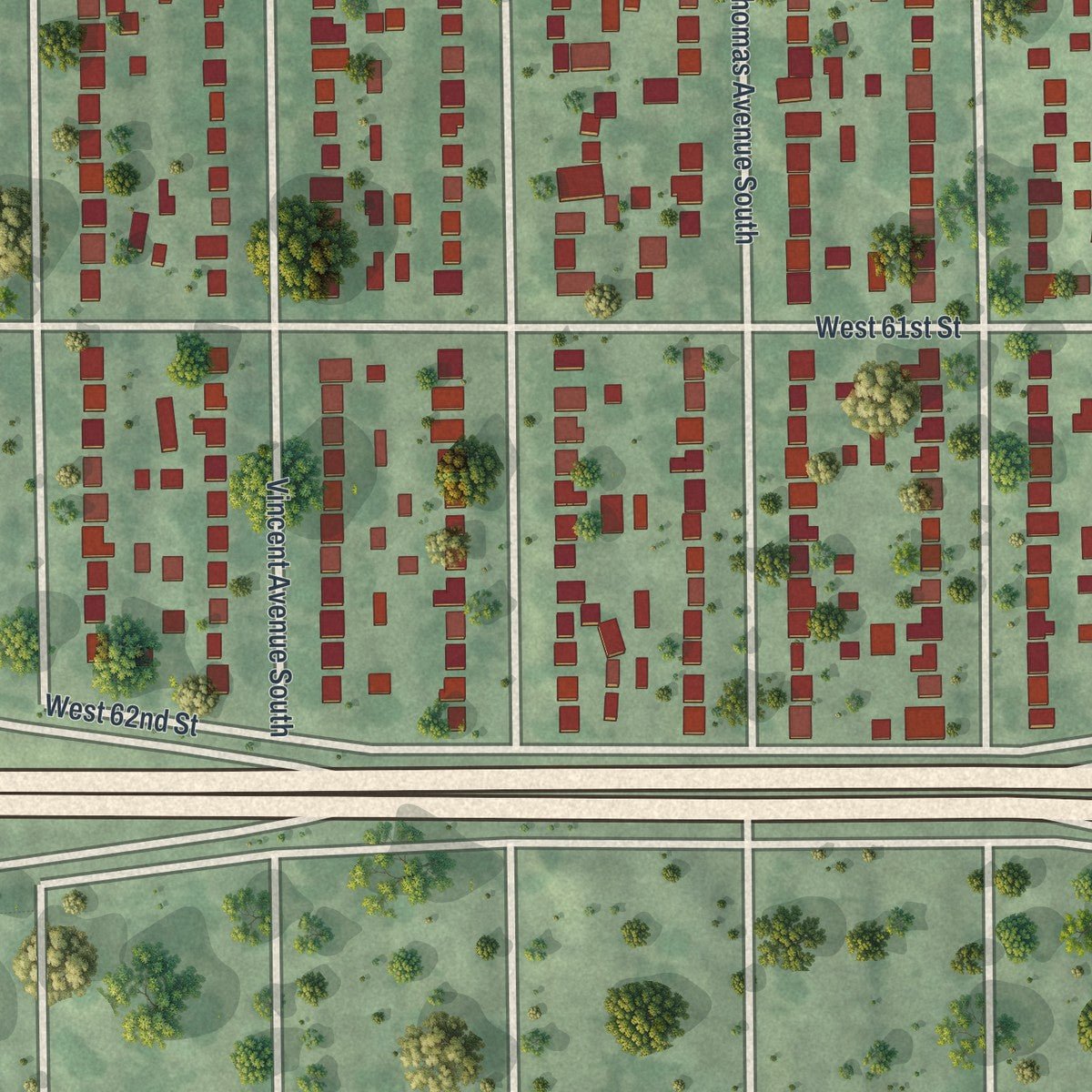 Close-up of the map of Armatage, Minnesota print showing street and building detail