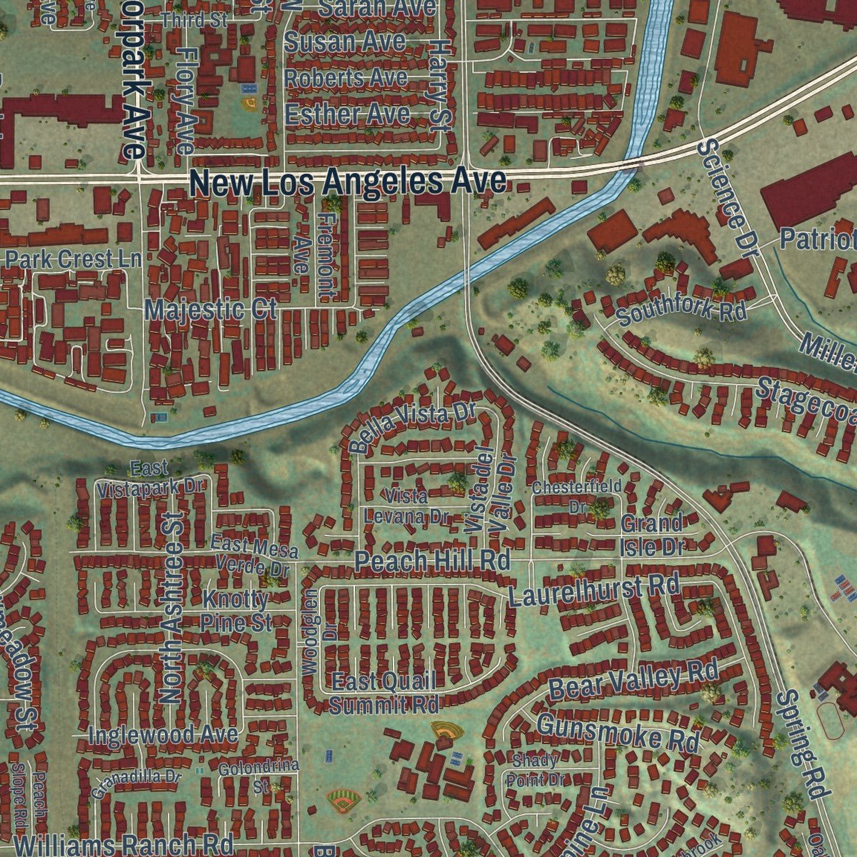 Close-up of the map of Moorpark, California print showing street and building detail