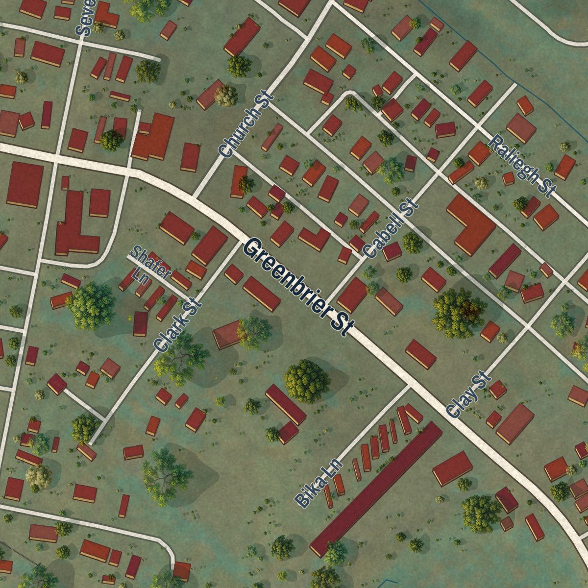 Close-up of the map of Rupert, West Virginia print showing street and building detail