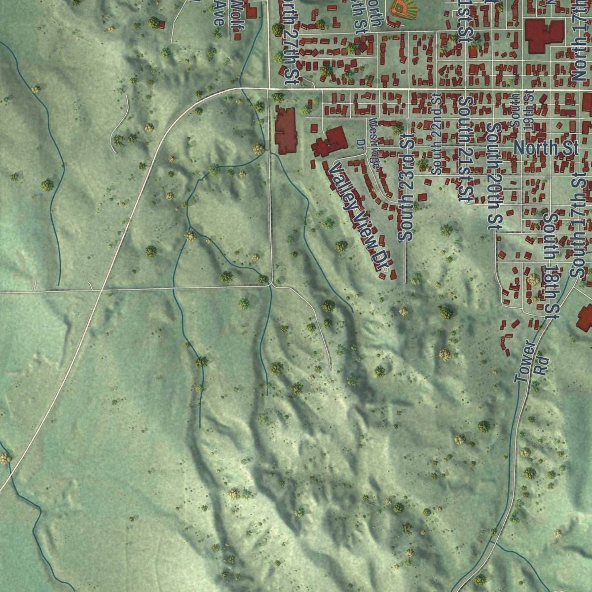 Close-up of the map of Ord, Nebraska print showing street and building detail