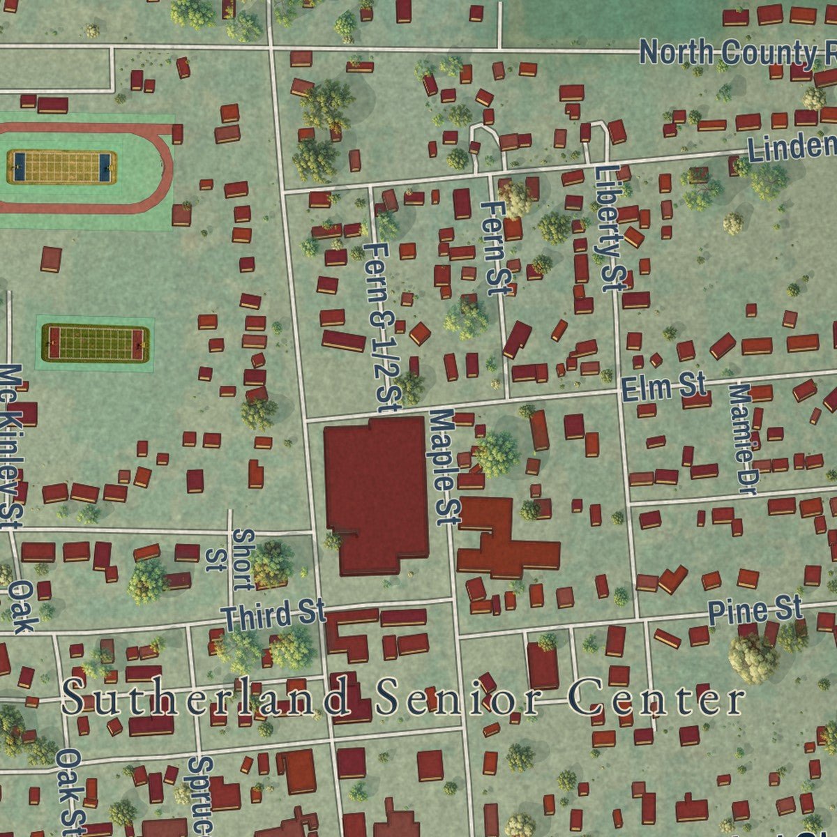 Close-up of the map of Sutherland, Nebraska print showing street and building detail