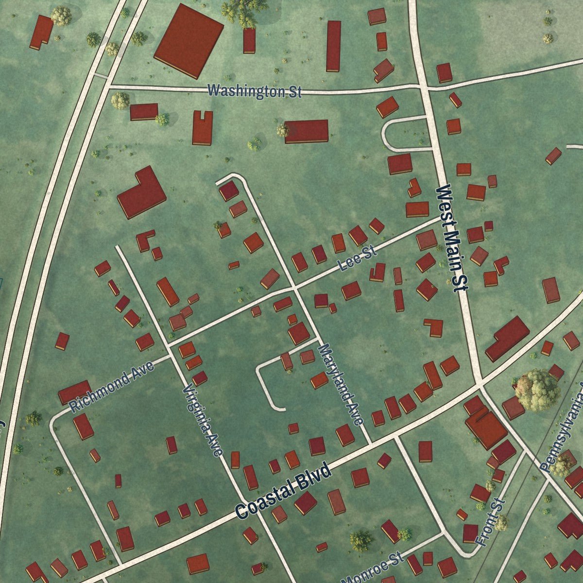 Close-up of the map of Onley, Virginia print showing street and building detail