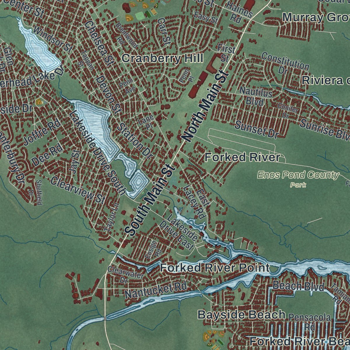 Close-up of the map of Lacey, New Jersey print showing street and building detail