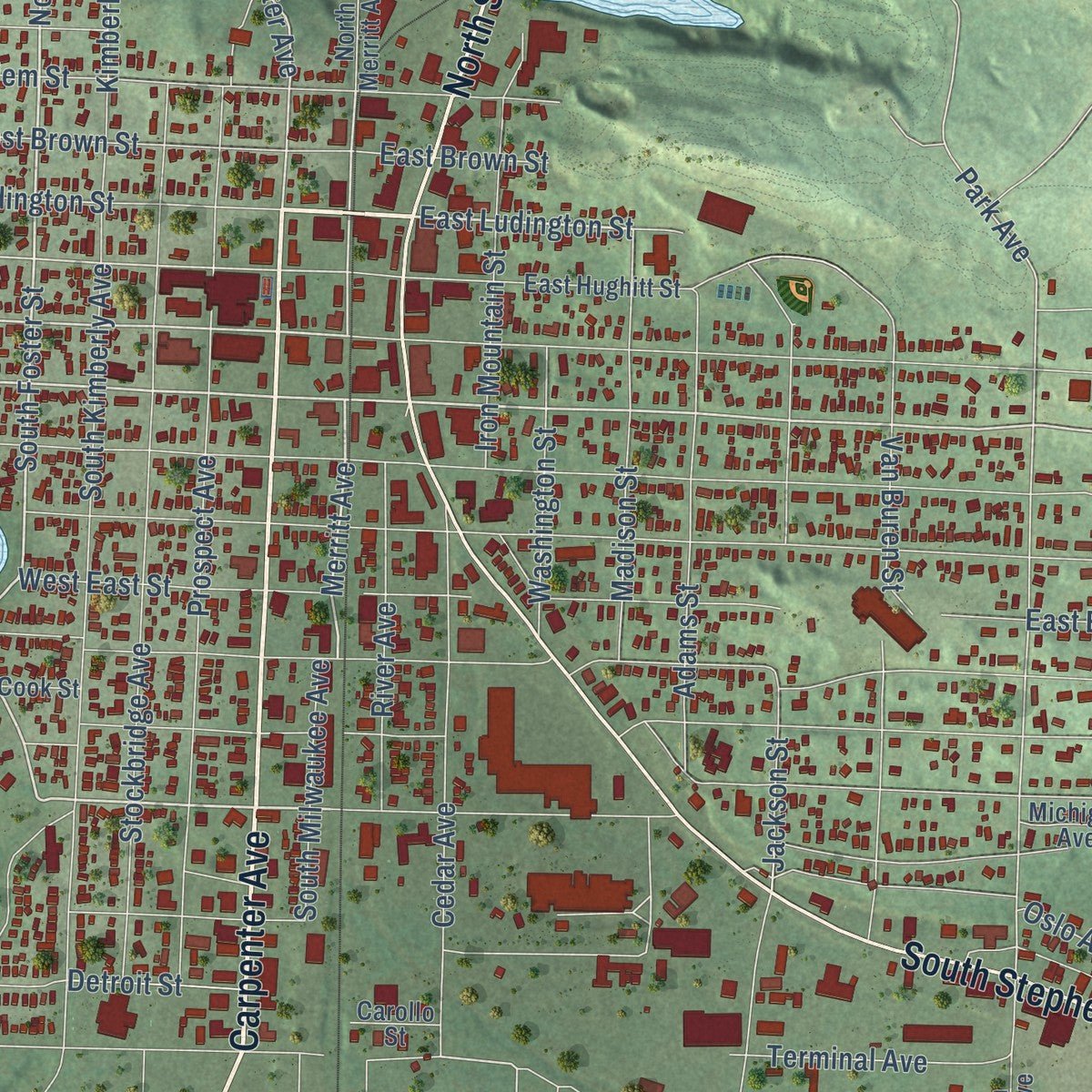 Close-up of the map of Iron Mountain, Michigan print showing street and building detail