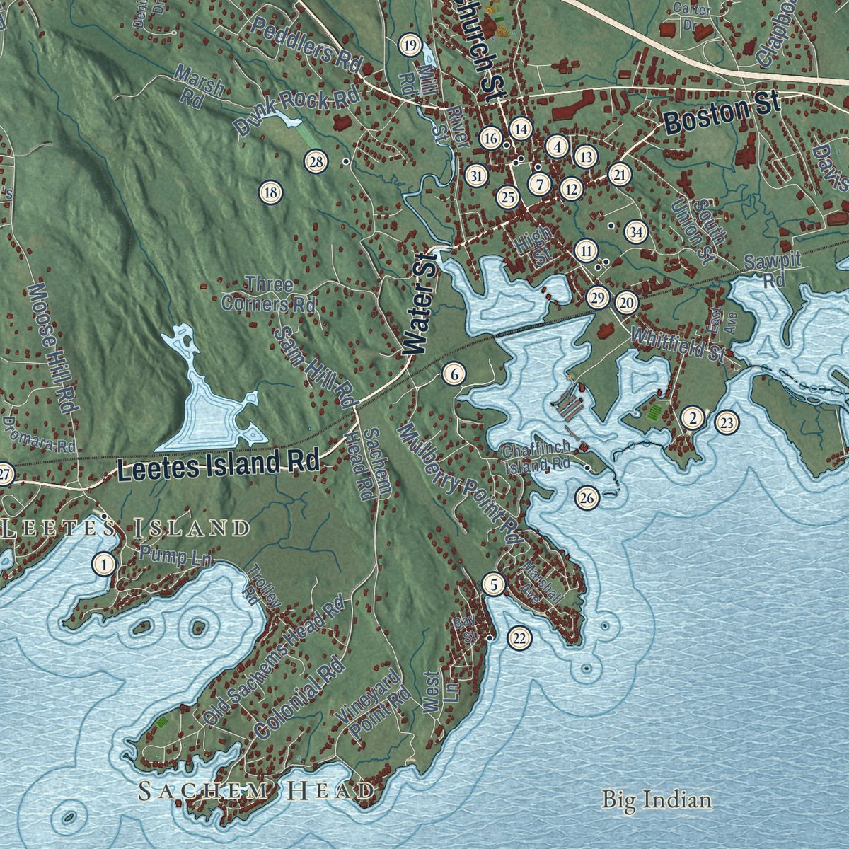 Close-up of the map of Guilford, Connecticut print showing street and building detail