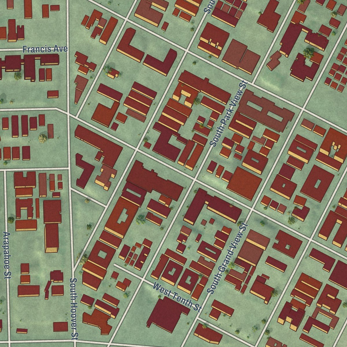 Close-up of the map of MacArthur Park, California print showing street and building detail