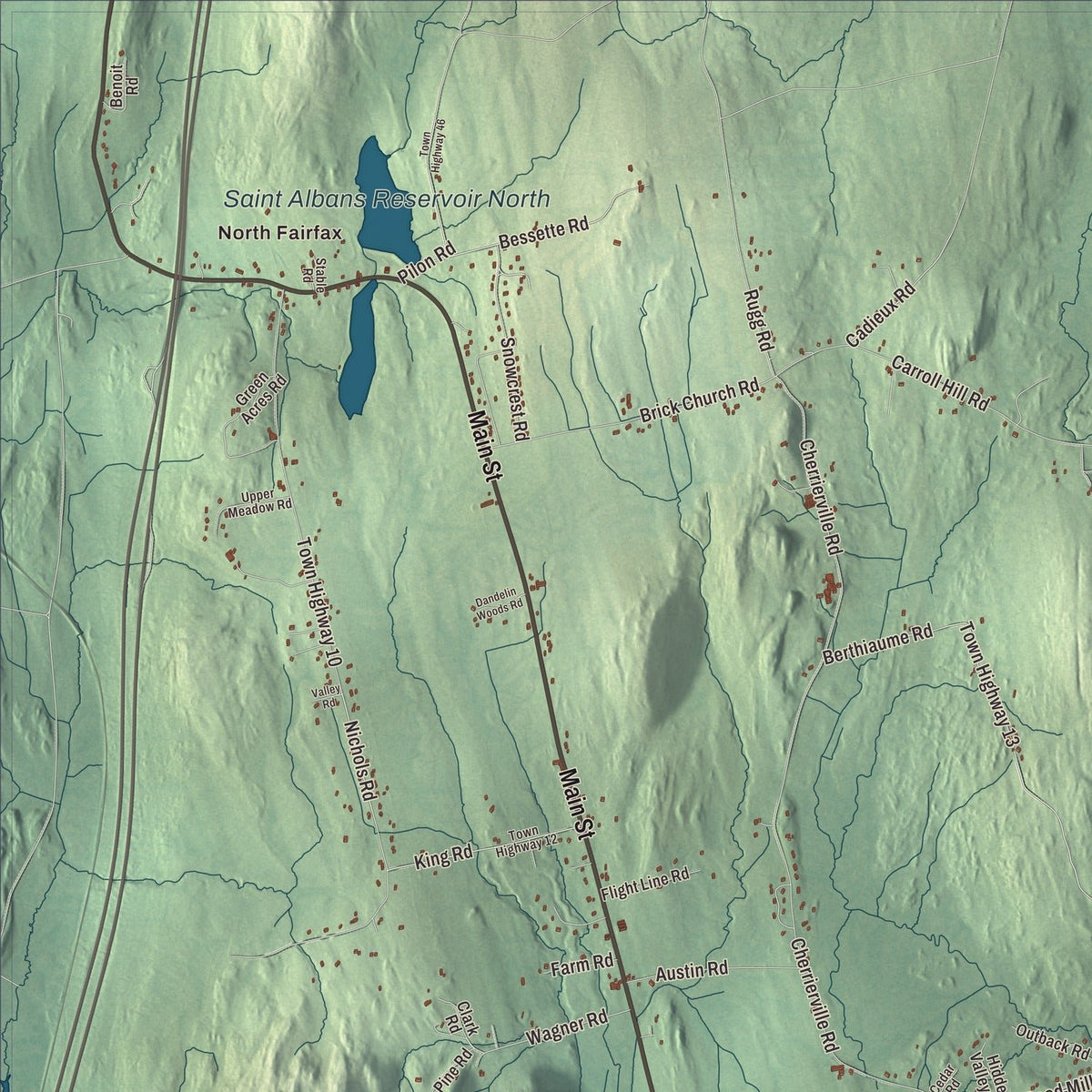 Close-up of the map of Fairfax, Vermont print showing streets and neighborhoods