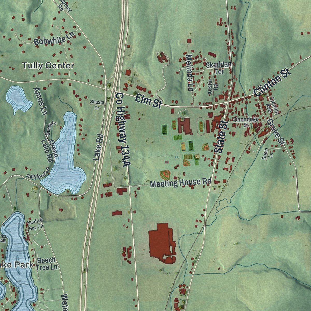 Close-up of the map of the Town of Tully, New York print showing street and building detail