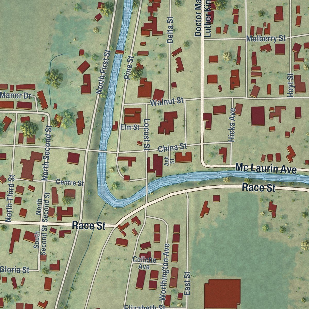 Close-up of the map of Rolling Fork, Mississippi print showing street and building detail