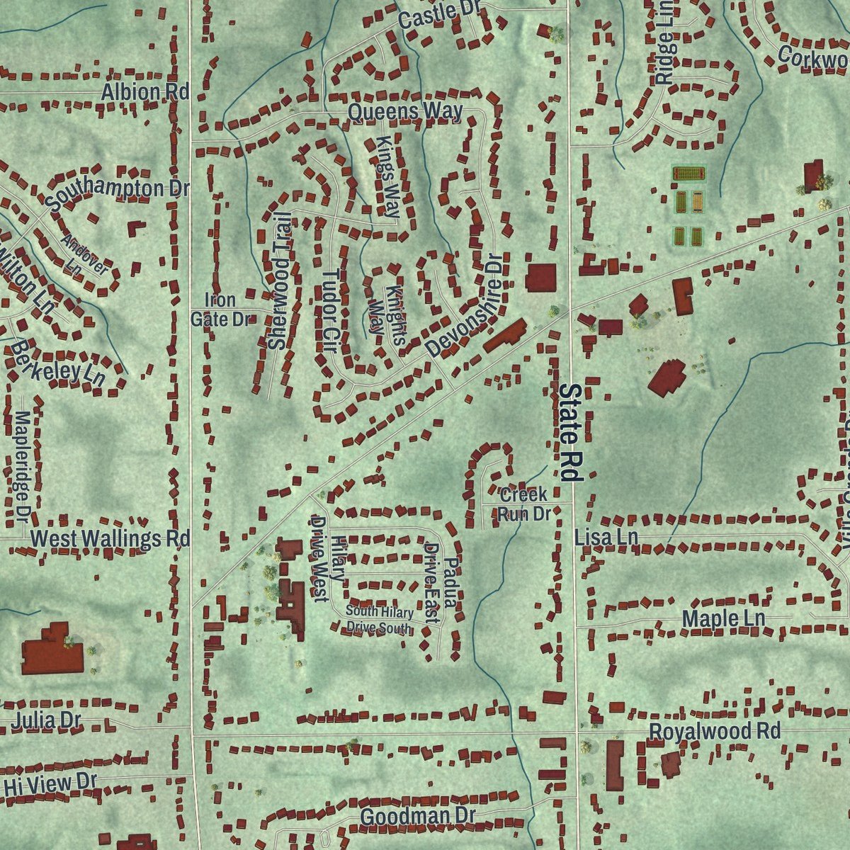 Close-up of the map of North Royalton, Ohio print showing street and building detail