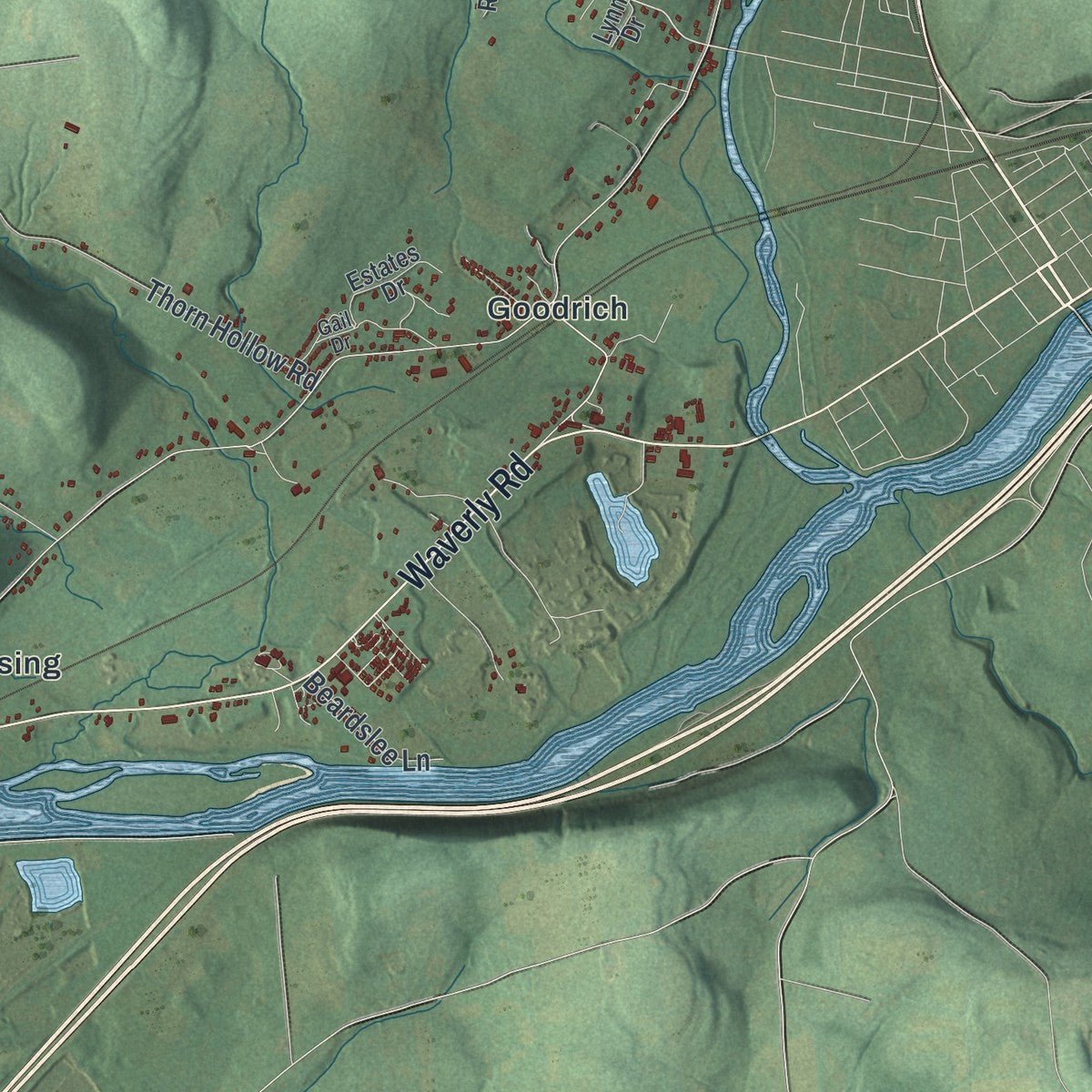 Close-up of the map of Tioga, New York print showing street and building detail