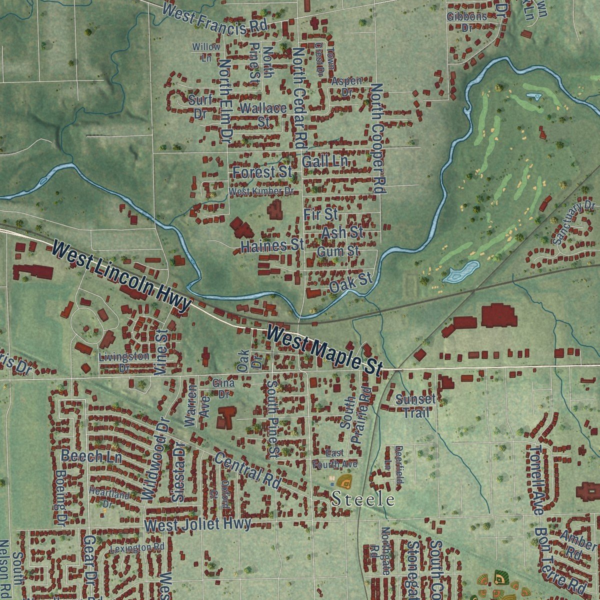 Close-up of the map of New Lenox, Illinois print showing street and building detail