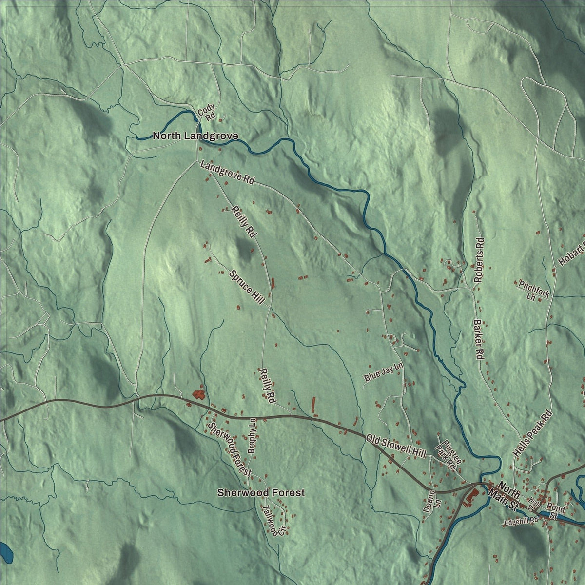 Close-up of the map of Londonderry, Vermont print showing streets and neighborhoods