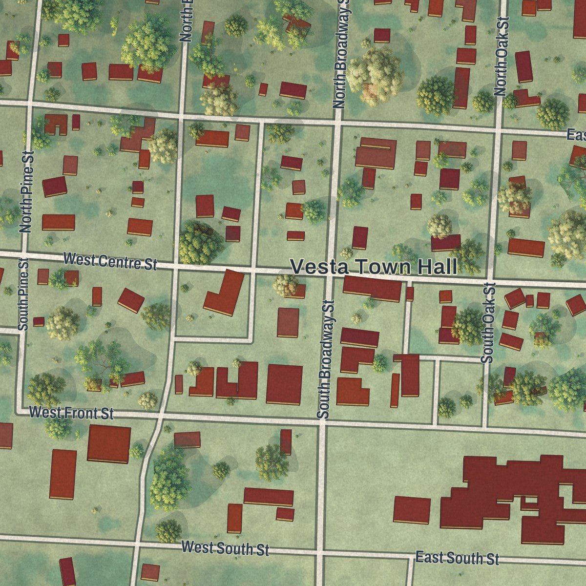Close-up of the map of Vesta, Minnesota print showing street and building detail