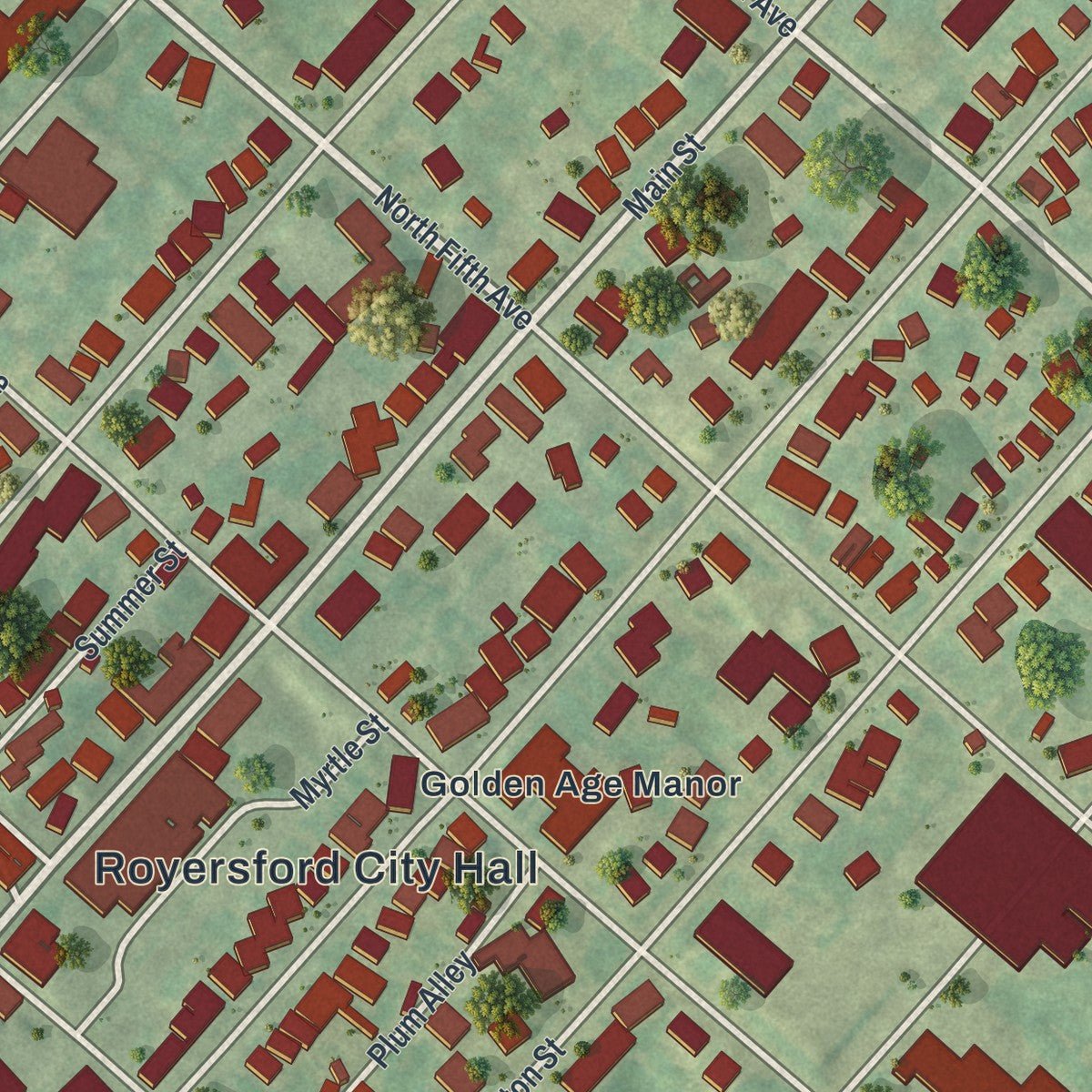 Close-up of the map of Royersford, Pennsylvania print showing street and building detail
