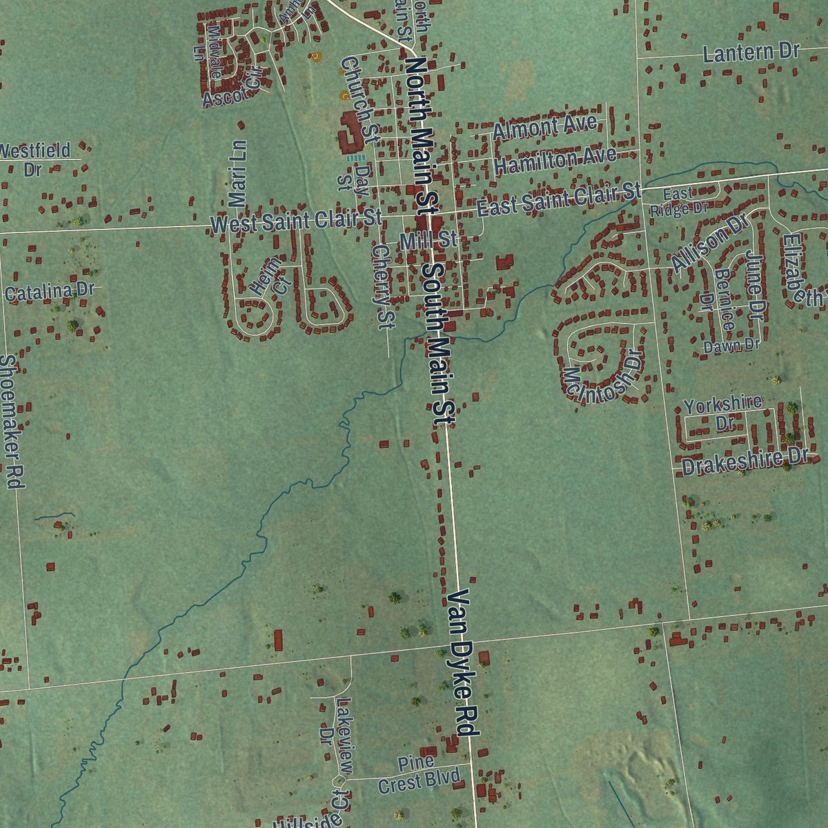 Close-up of the map of Almont, Lapeer County, Michigan print showing street and building detail