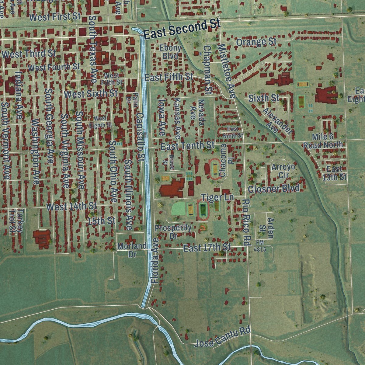 Close-up of the map of Mercedes, Texas print showing street and building detail